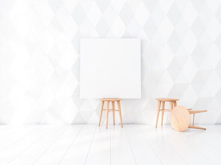 Square Canvas Mockup on wooden chair in white empty interior, 3d rendering