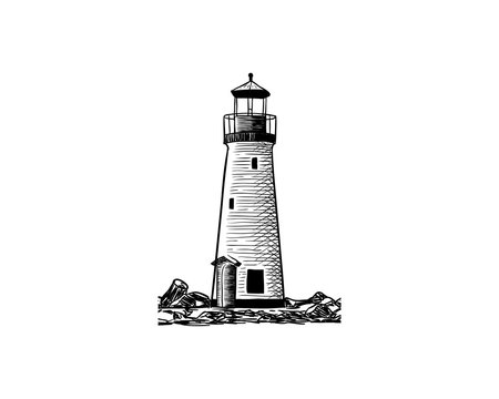 Black Lighthouse on the Beach Illustration Hand Drawing Logo Vector