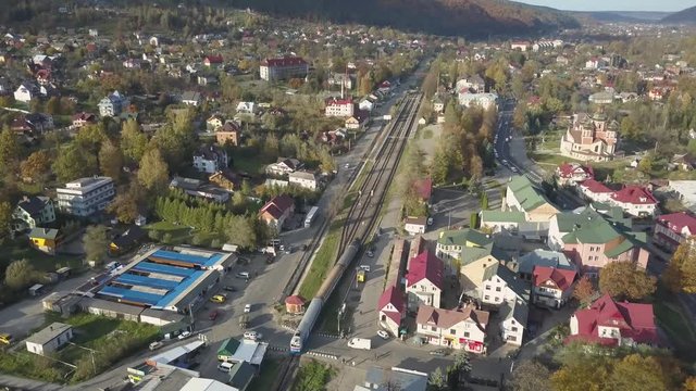 Aerial view to autumn carpathian city Yaremche at sunny day, Ukraine