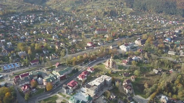 Aerial view to autumn carpathian city Yaremche at sunny day, Ukraine
