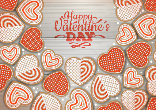 Top view of valentine cookies on wooden background. Happy Valentine`s Day