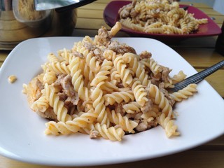 Gyros fusilli pasta on plate.