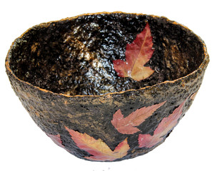 vintage papier-mache basket handmade, covered with paint and varnish, with pressed leaves and...