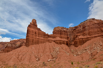 Chimney Rock of Moenkopi sandstone on the western edge of Mummy Cliffs in Capitol Reef National Park