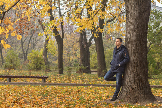 Handsome man walking in the autumn park