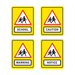 School kids children crossing caution warning notice slow sign set