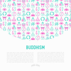 Fototapeta na wymiar Buddhism concept with thin line icons: yoga, meditation, Buddha, Yin-Yang, candles, Aum letter, aromatherapy, pagoda, temple. Modern vector illustration for web page template.