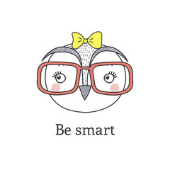 Hand drawn vector portrait of a cute funny cartoon owl girl in glasses, with ribbon, text Be smart. Isolated objects on white background. Vector illustration. Design concept for children.