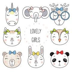 Zelfklevend Fotobehang Set of hand drawn cute funny portraits of cat, bear, panda, bunny, reindeer, unicorn, owl, elephant girls with ribbons. Isolated objects on white background. Vector illustration. Design concept kids. © Maria Skrigan