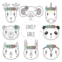 Poster Set of hand drawn cute funny portraits of cat, bear, panda, bunny, reindeer, unicorn, owl, elephant girls with flowers. Isolated objects on white background. Vector illustration. Design concept kids. © Maria Skrigan