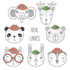 Set of hand drawn cute funny portraits of cat, bear, panda, bunny, reindeer, unicorn, owl, elephant girls in hats. Isolated objects on white background. Vector illustration. Design concept for kids.