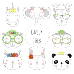 Set of hand drawn cute funny portraits of cat, bear, panda, bunny, reindeer, unicorn, owl, elephant girls, with text. Isolated objects on white background. Vector illustration. Design concept for kids