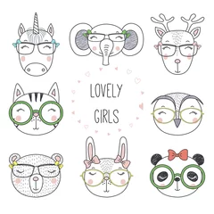 Fotobehang Set of hand drawn cute funny portraits of cat, bear, panda, bunny, reindeer, unicorn, owl, elephant girls in glasses. Isolated objects on white background. Vector illustration. Design concept for kids © Maria Skrigan