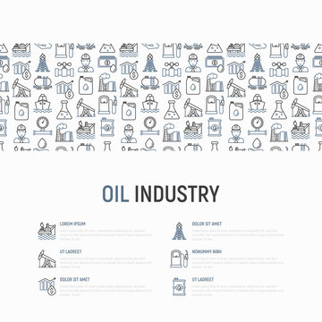 Oil industry concept with thin line icons: gas, petroleum, diesel,  truck, tanker, ship, refinery, barrel. Modern vector illustration, web page template.