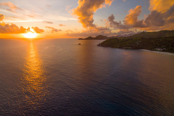Aerial view: Sunset at Anse Intendance, Mahe island, Seychelles
