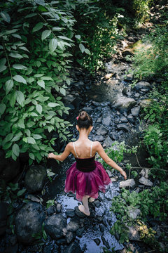 Rear view of girl in ballerina outfit walking in creek in the forest