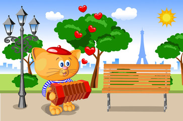  greeting card valentine's day beloved girl   women paris street lantern trees silhouette eiffel tower city cat playing concertino sings takes     