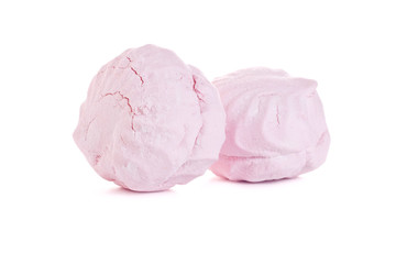 Two pink marshmallows isolated on white background, sweet dessert.