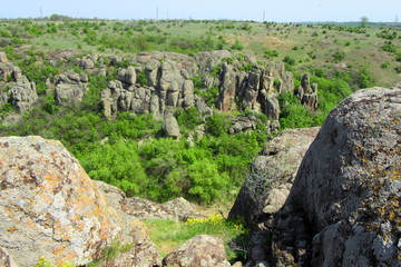 The landscape of the canyon Aktovo, many rocks. Ukraine