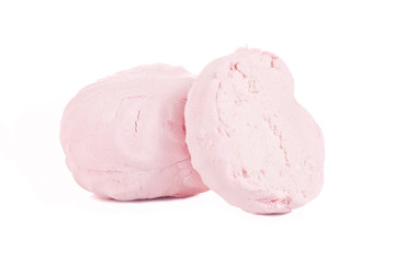 Two pink marshmallows isolated on white background, sweet dessert.
