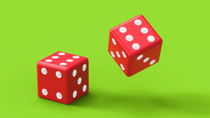 Two red dices roll on green table. 3D Rendering