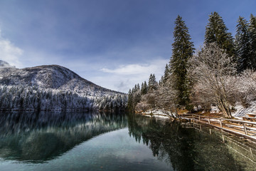 first snow at the mountain lake