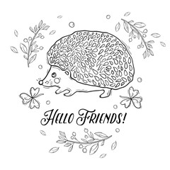 Vector children's postcard with hedgehog for coloring outline