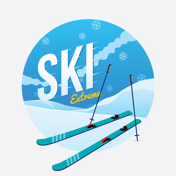 Skis on the snowy mountains in winter vacation. Vector of winter sport