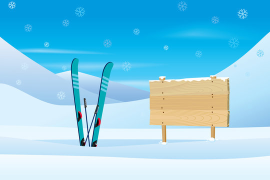Skis standing on the snowy mountains and wooden signboard in winter vacation. Vector of winter sport