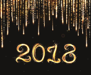 Vector golden 2018 text. Glowing background with fireworks and star rains. Abstract Shining Party Background. Flash Light for Christmas Design and New year's illustration. 
