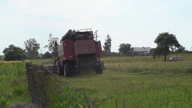 a red harvest harvester drives through the field and mows the grass 4k