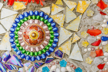 Colorful of  wall . Made from “ Benjarong “ are name of Thai porcelain with designs in five colours at Wat phasornkaew  in Phetchabun province, Thailand.