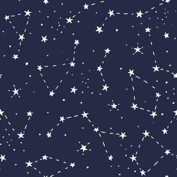 White stars and constellation on the dark night sky. Space illustration. Vector seamless pattern. Sketch style. Abstract cosmic background.

