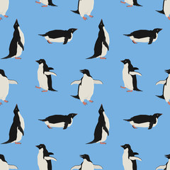 Penguins on a blue background Geometric style Seamless pattern