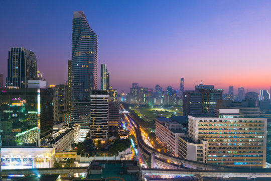 Bangkok urban skyline aerial view at dusk.