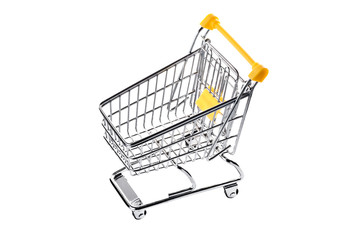 Empty metal shopping basket on wheels with yellow handle isolated on white background, consumer basket, food cart, front and side view.