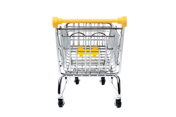Empty metal shopping basket on wheels with yellow handle isolated on white background, consumer basket, food cart, back closeup view.