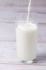 White drink. Fill glass milk. Light background. Trend color