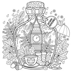 Coloring book for adults. A glass vessel with autumn memories of dreams about a trip to London. A bottle with rain, boots, leaves, a cup of tea, big ben tower london, Victoria Tower