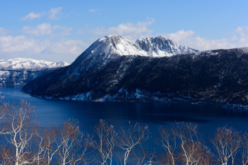 Lake Mashu winth blue sky during winter