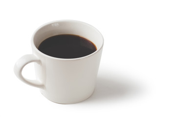Black coffee in white mug isolated on white background with path.