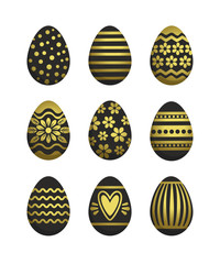 Easter eggs collection. Vector set of black and gold Easter eggs with different ornaments and patterns. Isolated on white.