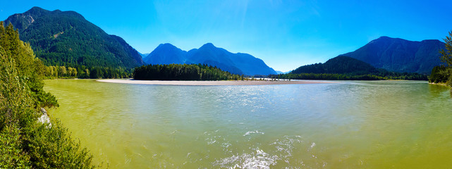 Panorama format photo of the Fraser river in Hope, British Columbia, Canada