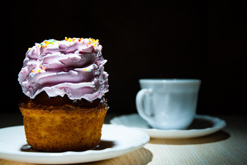 Yummy cupcake with buttercream on wooden table against dark background with copy space.