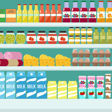Store shelves with groceries, food and drinks. Vector flat illustration.