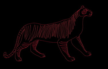 Outline silhouette of tiger on black background. Hand drawn vector illustration. Sketch style.