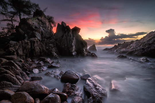 sea, sunset, beach, ocean, water, coast, landscape, nature, rocks, sky, waves, rock, sunrise, wave, stone, shore, travel, seascape, coastline, sun, blue, mountain, summer, storm, clouds