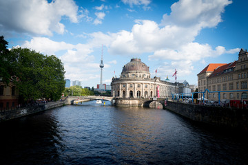 Fototapeta premium Baroque architectural exterior of Bode Museum, from northern end of Museum Island surrounded by River Spree.
