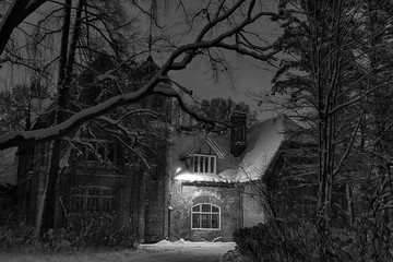 Winter. Night. House in the forest.