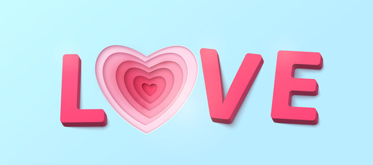 Word Love with 3d effect plastic letters. Heart paper cut red pink color layers